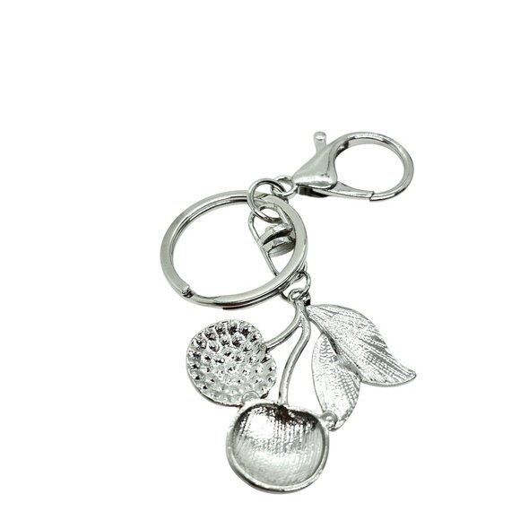 3/$30 CHERRY KEYCHAIN SILVER TONE ENAMEL LEAF RED RHINESTONE BAG CHARM FRUIT NWT - Picture 5 of 7